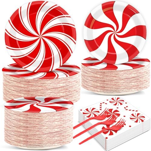 gisgfim 50 Guests Christmas Peppermint Candy Party Supplies Candy Mint Plates and Napkins Forks Xmas Tableware Red and White Striped Paper Plates for Holiday Party 200PCS by gisgfim
