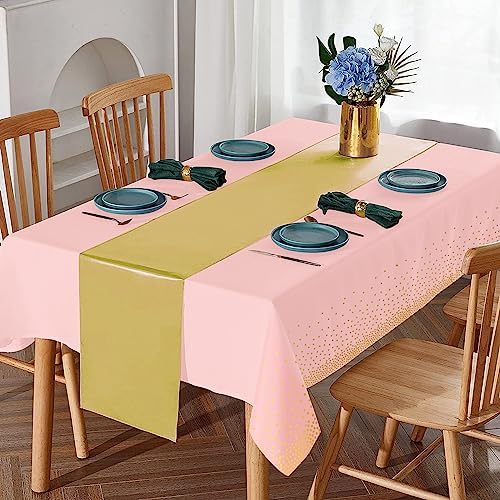 8Pack Disposable Plastic Tablecloths and Satin Table Runner Set Pink and Gold Dot Tablecloth Gold Satin Table Runner for Wedding Birthday Baby Shower Anniversary Christmas New Year Party Supplies - Image 4