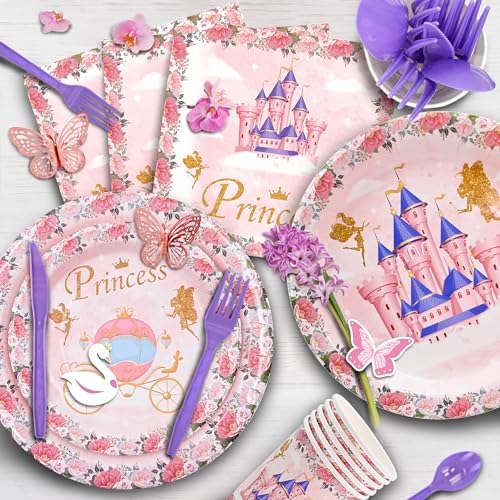 164 PCS Princess Birthday Party Decorations For Girl, 12 Tableware Sets, Castle Balloons, Balloon Arch, Disposable Paper Plates, Backdrop, Balloon Pump, Princess Party Decorations - Image 7
