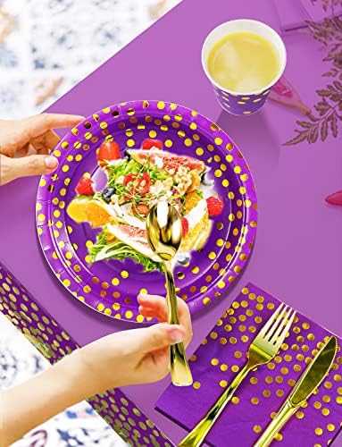 Nkaiso 141Pcs Purple Gold Paper Plates and Napkins Party Supplies for20 - Image 4