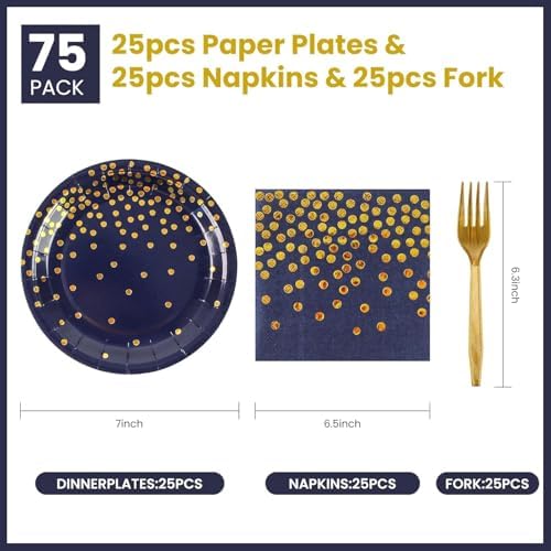 75PCS Blue and Gold Paper Plates and Napkins Party Supplies Blue Gold Dessert Plates Navyblue Napkins Disposable Paper Tableware Set for Birthday Retirement Baby Shower Parties Decor Serves 25 - Image 2