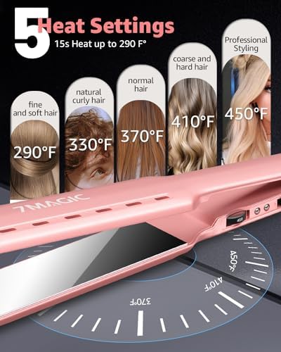 7MAGIC Nano Titanium 1.7" Flat Iron Hair Straightener for Thick Hair, Pink - Image 4