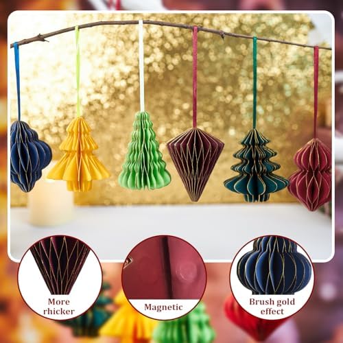 Paper Christmas Tree Ornaments, Red and Green Xmas Party Decorations, 6PCS 3D Mini Glitter Edges Paper Honeycomb Ornaments for Xmas, New Years, Holiday Home Decor - Image 3