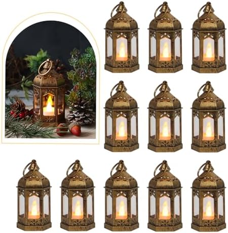 LLQ 12Pcs Mini Lantern with LED Tea Light, Garden Fairy Party Decorations, Battery Included, Vintage Lanterns Decorative, Hanging Candle Lanterns for Halloween Christmas Wedding Table Centerpiece by LLQ-LuckLifeQuality