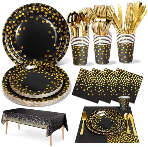 Nkaiso 141Pcs Black Gold Paper Plates and Napkins Party Supplies for20 by Nkaiso
