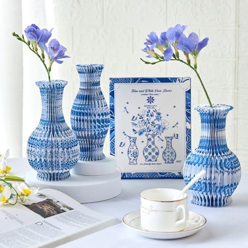 SUNBEAUTY 3 Pcs Blue and White Paper Honeycomb Vases, Mini Chinoiserie Vintage Paper Vase Set with Magnetic Closure, Chinese Style Table Centerpieces for Wedding,Baby Shower, Home & Party Decor - Image 5