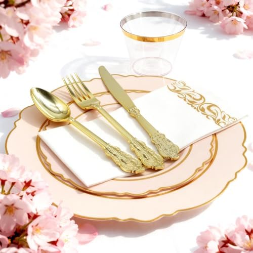 AIRE Pink Gold Plastic Plates Set, 175PCS Disposable Dinnerware for 25 - Image 3