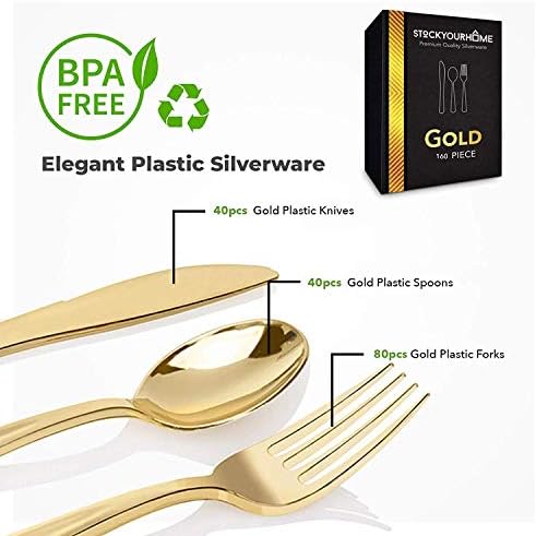 Gold Plastic Silverware Set (160 Bulk Pack) Disposable Cutlery Utensils, 80 Forks, 40 Knives, 40 Spoons, Heavy Duty Flatware For Holidays, Parties, Dinners, Weddings, and Occasions - Image 2