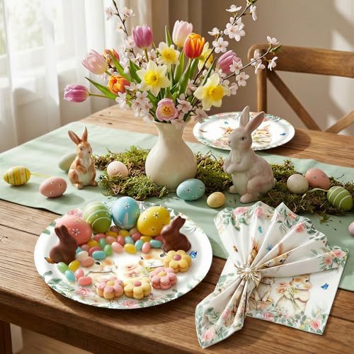75 Pcs Easter Bunny Party Supplies，Disposable Easter Paper Plates & Napkins for 25 Guests, Thickened Material, Clear Print with Cute Bunny Flowers Spring Easter Tableware for Easter Party Decorations - Image 6