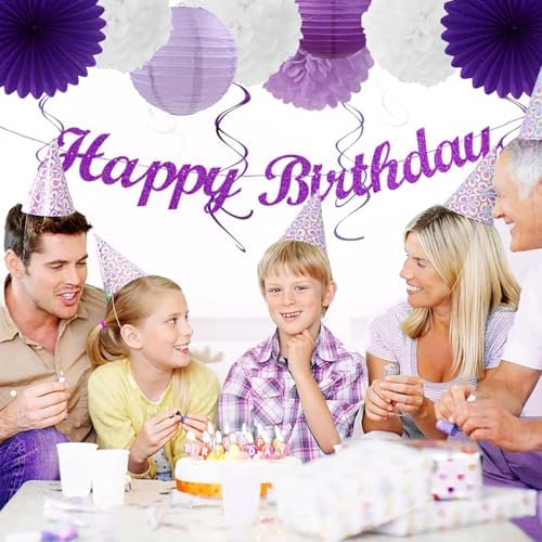 Purple-Lilac Lavender-White Happy Birthday Party-Decorations - 31pcs 20th Women Girls Paper Lanterns Streamers Banner,Tissue Pom Poms Decor,Flower Fans Tassels Graland Backdrop Supplies Hugmoon - Image 5