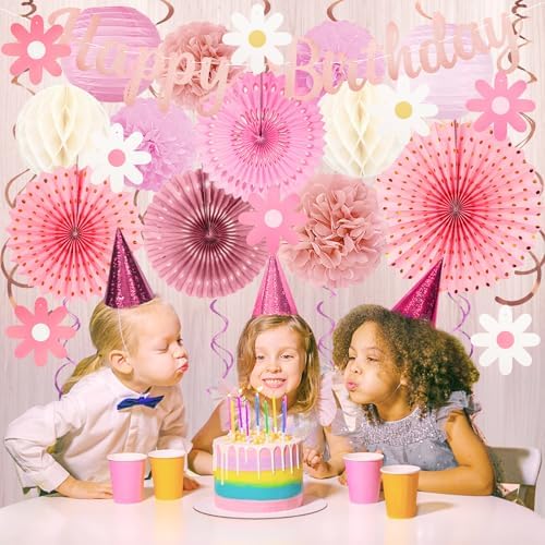 Pink Birthday Party-Decorations - 29pcs Beige Rose Gold Party Decorations for Women Girls, Happy Birthday Banner Paper Daisy Flower Streamers Lanterns Tissue Pom Poms - ZERODECO - Image 5