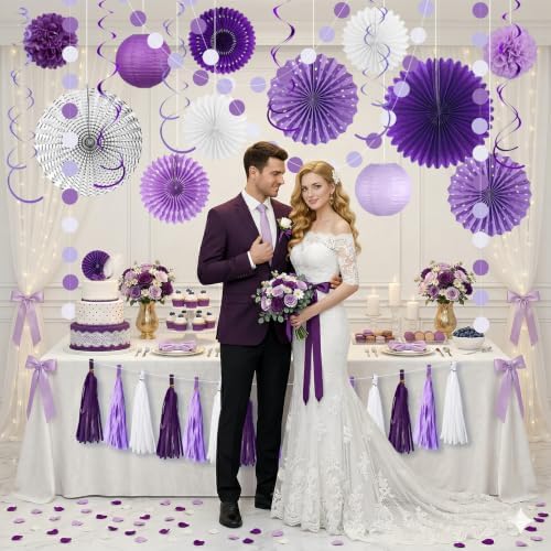 Meiduo 34 Pcs Purple Party Decorations, Paper Fans, Lanterns, Pom Poms Set - Image 3