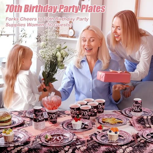 250PCS 70th Birthday Party Decorations for 50 Guests Black and Rose Gold Party Supplies for Women Include Disposable Paper Plates, Napkins, Cups, and Disposable Plastic Cutlery (70) - Image 6
