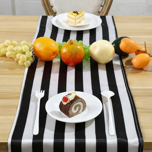 Tatuo 4 Pieces 12 x 72 Inch Black White Striped Table Runner Polyester - Image 5