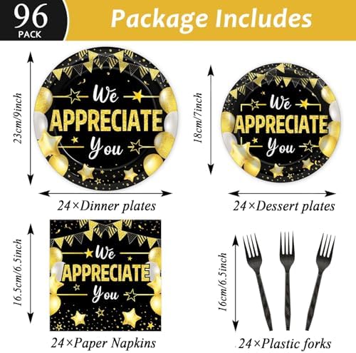 96Pcs We Appreciate You Party Plates Napkins Black Gold Birthday Decoration - Image 2