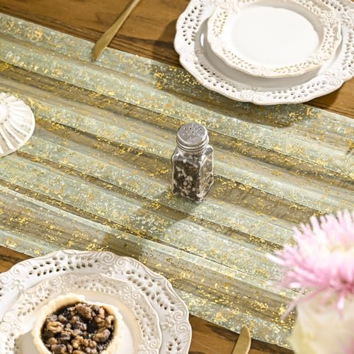 Artoid Mode 3PCS Sage Green Gold Gauze Table Runner 120 Inch 10FT, Glitter Metallic Foil Sheer Dining Wedding Anniversary Holiday Birthday Table Decor for Home Party - Image 2