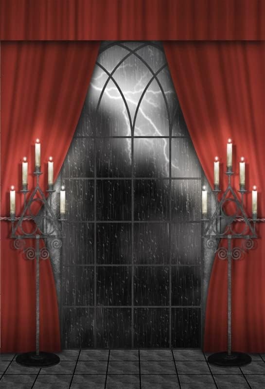 Renaiss 8x12ft Vintage Gothic Window Backdrop Red Curtain Candlestick Black Floor Lightning Stormy Sky Vampire Medieval Castle Photography Background Halloween Dress Up Party Decors Photo Booth Props - Image 6
