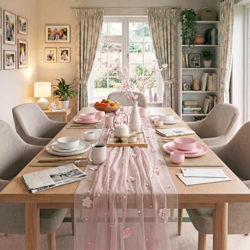 6 Pcs 29x120'' Pearl Tulle Table Runner 10ft Wedding Tablecloth, Blush Pink - Image 2