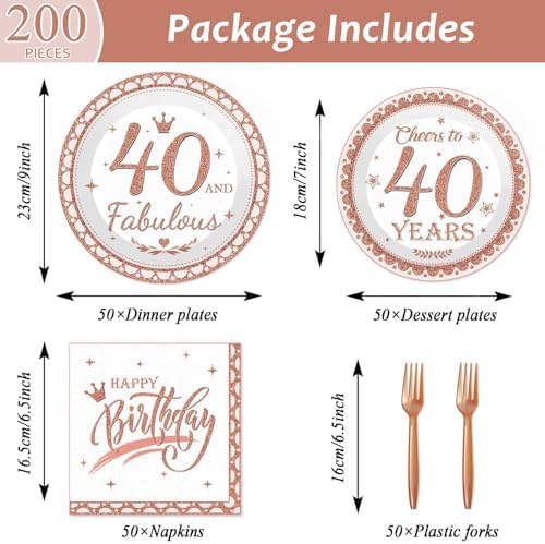 gisgfim 50 Guests 40th Birthday Decorations Plates Napkins for Women Rose Gold Party Supplies 40 Fabulous Happy Birthday Tableware Set Cheers to 40 Years Party Decor Table Decors for Her Girl 200Pcs - Image 2