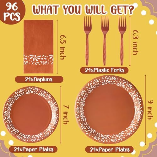 96Pcs Brown Platos De Barro Mexicanos Cielito Lindo Terracotta Clay Party Plates Supplies Tableware Decorations Disposable Paper Plates Napkins Forks for Birthday Baby Shower, Serves 24 - Image 2