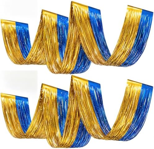 Breling 4 Pcs Blue Gold Ceiling Fringe Curtains, Foil Drapes, 15 ft by Breling