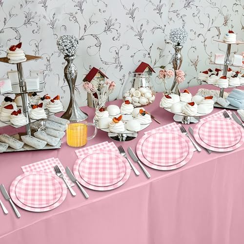 180Pcs Pink Gingham Party Supplies Paper Plates and Napkins Serve 60 - Image 7