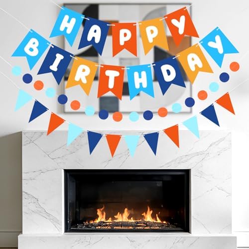 Blue Orange Happy Birthday Banner Hanging Sign Circle Dot Triangle Bunting - Image 7