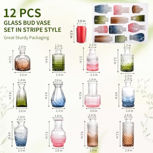 Colorful Glass Bud Vase Set of 12, Small Colored Vintage Vases for Centerpieces, Mini Colored Flower Vase for Wedding, Home Party Table Decor, Rustic Gifts - Image 2