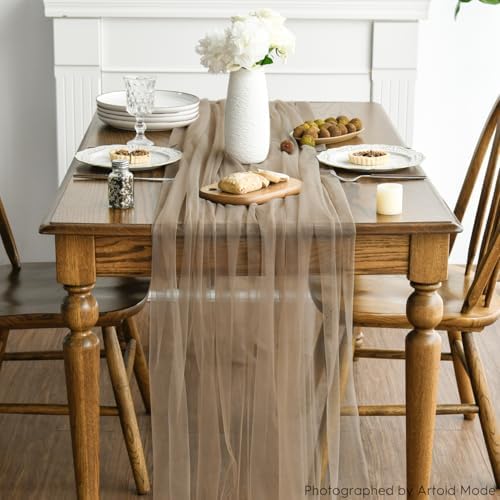 Artoid Mode 3PCS Coffee Gauze Table Runner 120 Inch 10FT, Seasonal Sheer Kitchen Dining Holiday Wedding Birthday Baby Shower Table Decor for Home Party - Image 3