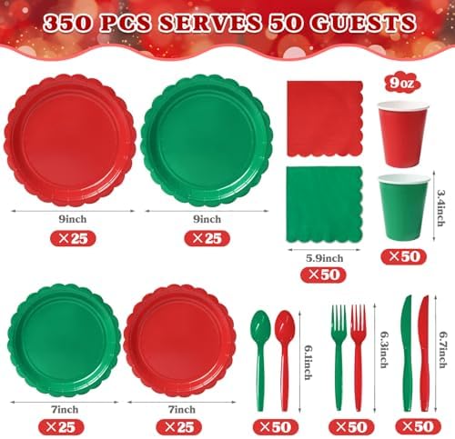 Vyntra 350 Pcs Red and Green Paper Plates and Napkins Party Supplies - Image 3