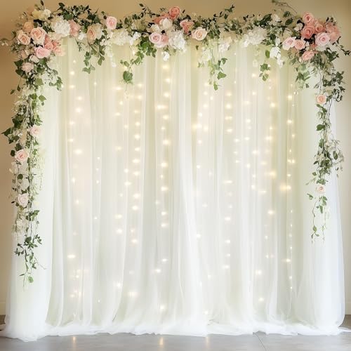 Fomcet Tulle Backdrop Curtains with Lights 10x8ft Sheer Ivory Curtain by Fomcet
