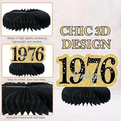 9 Pcs 50th Birthday Decorations Honeycomb Centerpieces for Women Men, Black Gold 1976 Aged to Perfection Vintage Centerpieces for Tables Toppers,Fifty Years Party Decorations Supplies - Image 3
