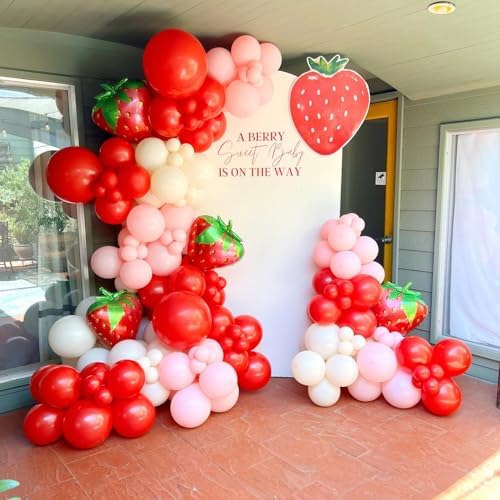 Strawberry Balloons Garland Arch Kit 163pcs with 27" Strawberry Foil Balloons, Red and Pink white Balloons for Sweet Girl Berry First Birthday Themed Baby Shower Strawberry Party Decorations - Image 6