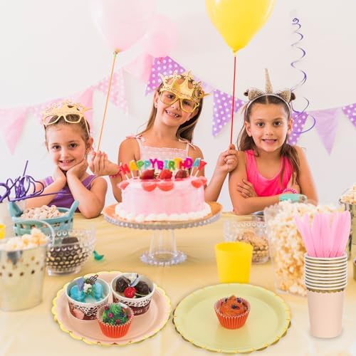 240 Pieces Pastel Party Supplies Disposable Dinnerware Set Include Plates and Cups Napkins Plastic Forks Knives Spoons Tablecloth for Wedding Birthday Party Decorations - Image 5
