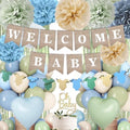 Blue Sage Green Baby Shower Decorations-Welcome Baby Boy Banner, Fringe Curtains, Paper Pompoms, Olive Green Dusty-blue Beige Cream Latex Balloon Décor For Boho Easter Jungle Baby Shower Blue Party by Unknown