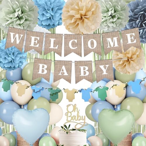 Blue Sage Green Baby Shower Decorations-Welcome Baby Boy Banner, Fringe Curtains, Paper Pompoms, Olive Green Dusty-blue Beige Cream Latex Balloon Décor For Boho Easter Jungle Baby Shower Blue Party by Unknown