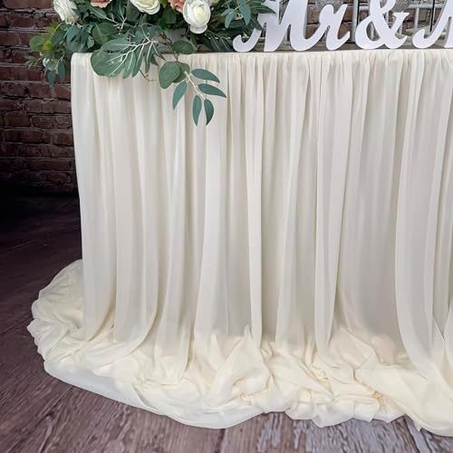Pooling and Floating Chiffon Table Skirt with extra length, 6FT 9FT 14FT Sheer Tablecloth, Baby Shower, Birthdays Party, Main Cake Table Decoration, Wdding Table Skirt (Ivory, 6FT) - Image 3