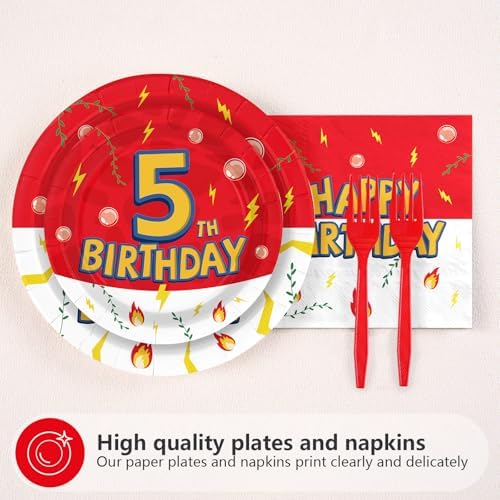 Grencian 96 Pcs 5th Cartoon Happy Birthday Party Decoration, Serves 24 - Image 2