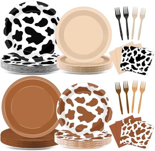 96Pcs Cow Print Paper Plates and Napkins Western Cowboy Party Supplies by CHUNNIN