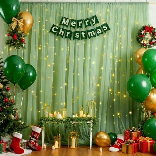 10x10ft Olive Green Tulle Backdrop Curtain with Lights String for Parites, Sheer Photo Backdrop Curtains for Wedding Baby Shower Birthday Party St. Patrick's Day Photo Shoot Background Decorations - Image 2
