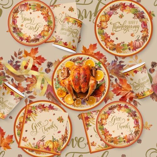 82 Pcs Thanksgiving Paper Plates and Napkins Set - Disposable Gives Thanks Fall Leaf Pumpkin Tableware with Cups Banner Tablecloth for Harvest Thanksgiving Party Decorations Supplies, Serves 20 - Image 6
