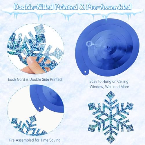 Winter Snowflake Hanging Decorations 30 Pcs Blue and Silver Christmas Ceiling Streamers Hanging Decorations Glittery Snowflakes Swirls for Wonderland Frozen Party and Christmas Decor - Image 5