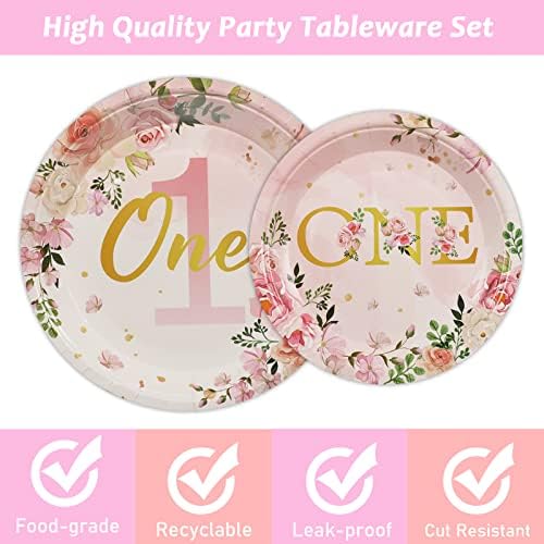 96Pcs 1st Birthday Party Supplies - Girls' One Year Tableware with Floral Birthday Plates, Napkins, Dinnerware, Decorations & Favors for Baby Shower, Serves 24 - Image 4