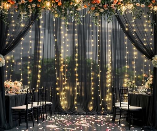 Black Tulle Backdrop Curtain with Lights String for Parites 20ft×8ft Black Sheer Backdrop Curtains for Baby Shower Wedding Bridal Shower Birthday Party Photo Shoot Decorations(4 Panels 5×8ft) - Image 5