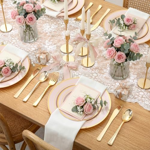 WDF Partyware 175PCS Pink plastic Plates - Pink Disposable Plates 25Guests Disposable Dinnerware Sets with Rolled Napkins for Wedding/Birthday/Baby Shower - Image 2