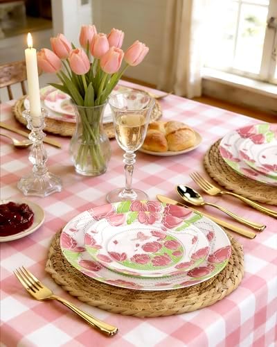 Hioasis 60 Pcs Disposable Plates, Pink Tulip & Butterfly, Pearl Trim - Image 6