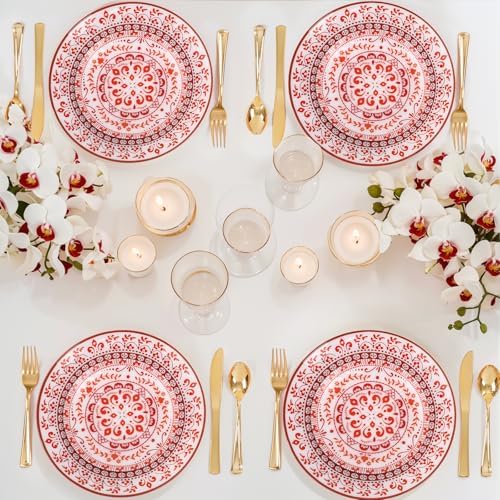Hioasis Red Plastic Plates, Floral Disposable Plates, 60 Pcs for 30 Guests - Image 3