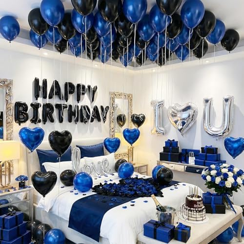 Blue Black Silver Balloons with I LOVE YOU & HAPPY BIRTHDAY Foil Balloons & Rose Petals for Romantic Special Night, Anniversary, Valentine Day, Birthday Decorations for Him, Bedroom, Hotel Room by Unknown
