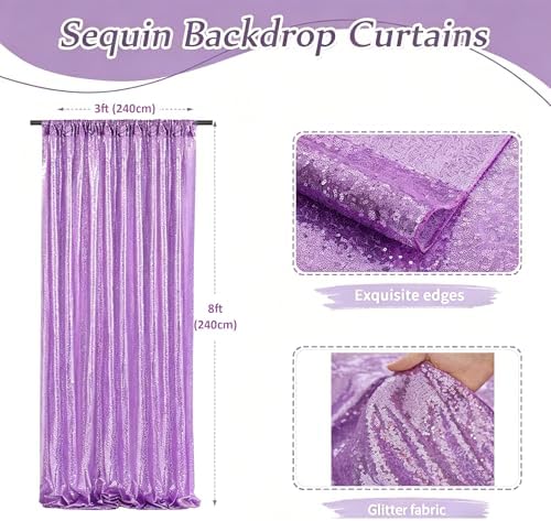 Lavender Sequin Backdrop Curtains-1 Panel 3FTx8FT Light Purple Backdrop for Wedding, Glitter Party Decorations Background Drapes for Birthday Party Anniversary Graduation Photo Booth Decor - Image 3
