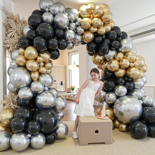 412Pcs Black Gold Silver Balloons Garland Arch Kit,18 12 10 5 Inch Different Size Latex Balloons for Graduation Birthday Wedding Party Decorations - Image 5